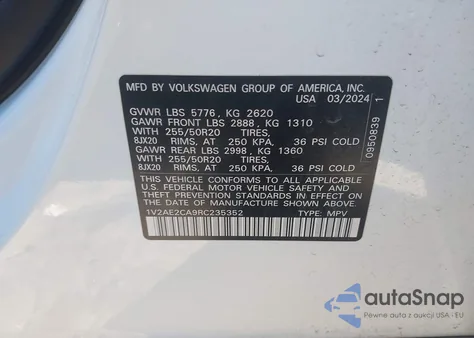 2024 Volkswagen Atlas Cross Sport 2.0T Sel R-Line z USA, uszkodzony, nr VIN 1V2AE2CA9RC235352
